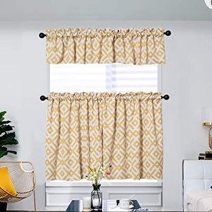 2 Piece Short Curtain Tiers and 1 Piece Window Valence Set Yellow Print